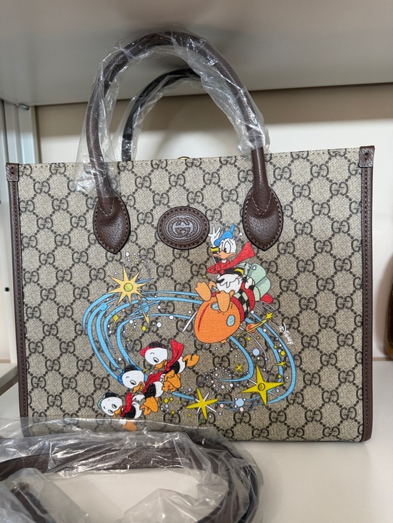 No Comment Handbags - Gucci Brown Monogram Canvas Tote with Colorful Cartoon Print